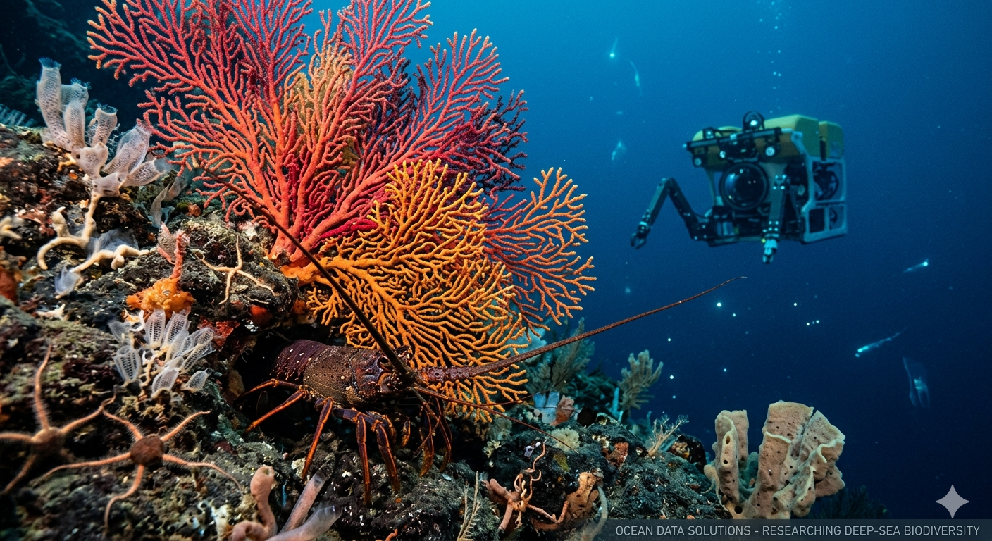 "Deep-sea benthic research station featuring Paramuricea coral fan, a decapod crustacean habitat, and a monitoring ROV in the background - exploring ocean biodiversity."