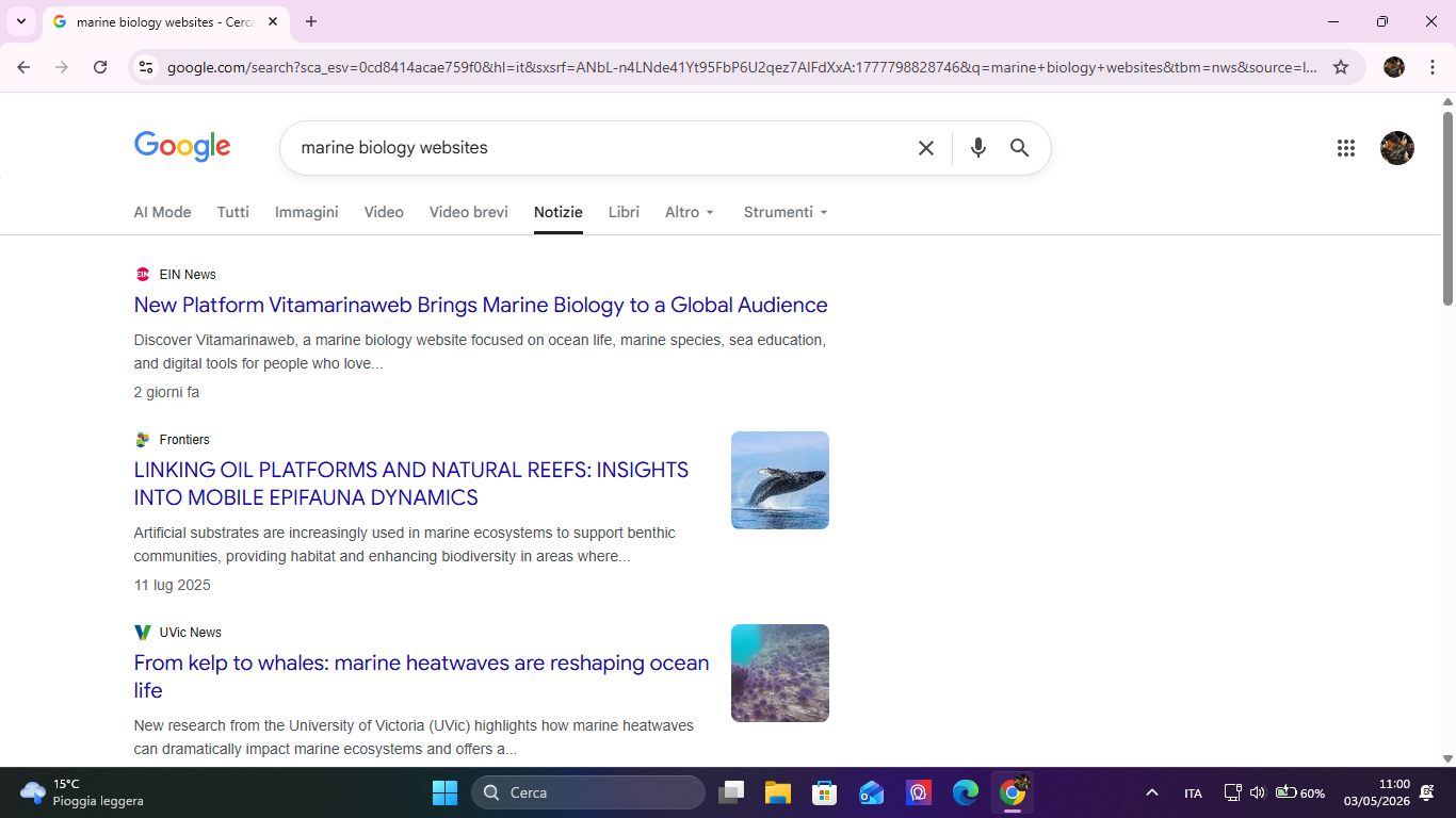 Main marine biology websites on Google news